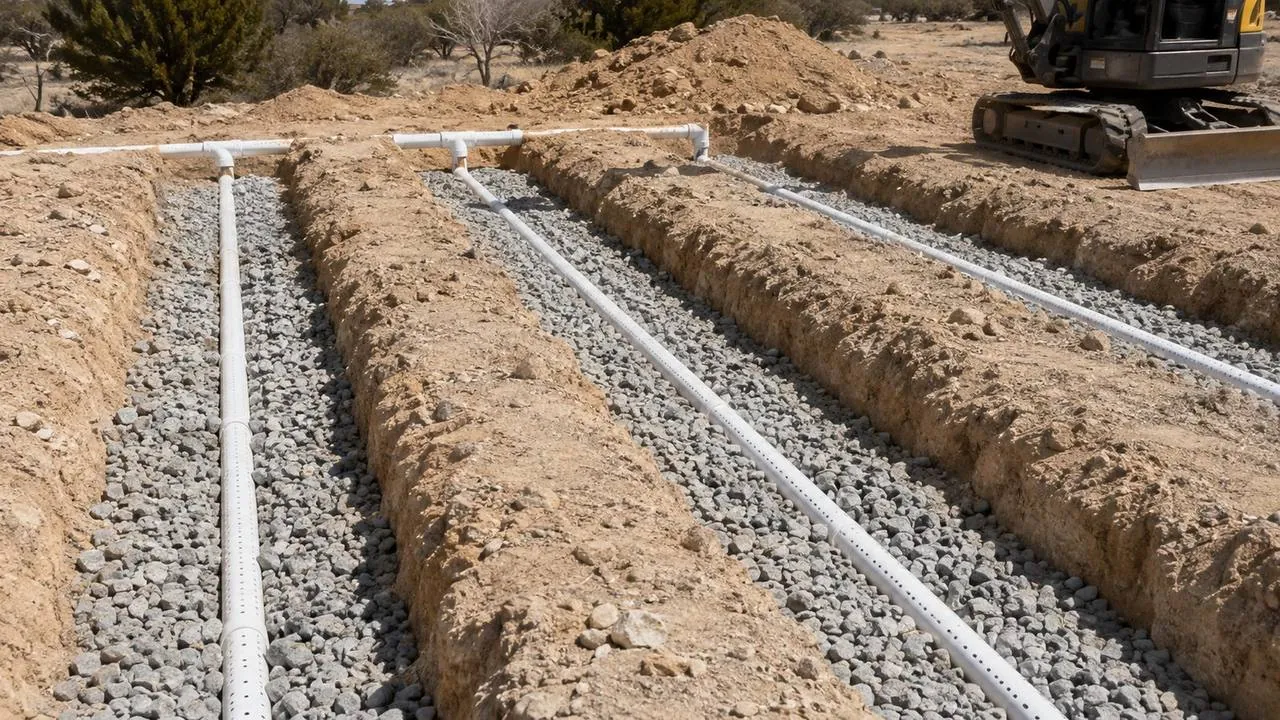 Open drain field trenches with white pipe laid on washed stone between banks of dug soil, with an excavator parked at the far end.