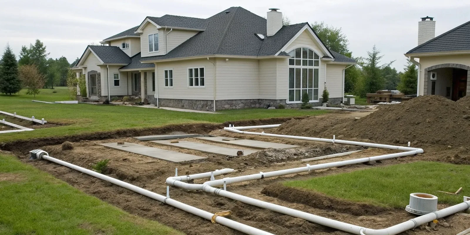 New drain field lines and distribution pipe beside a house under construction