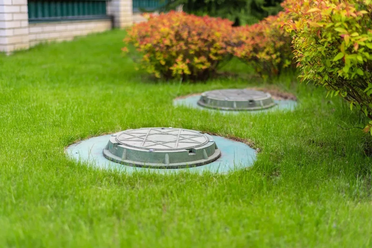 Two septic tank lids set in a mowed lawn